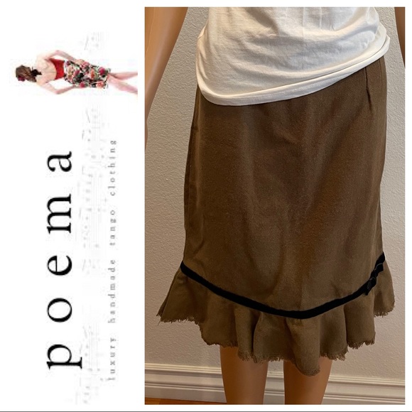 Poema USA Brown Wool Skirt with Black Belt at Bottom of Peplum Skirt - Picture 2 of 7